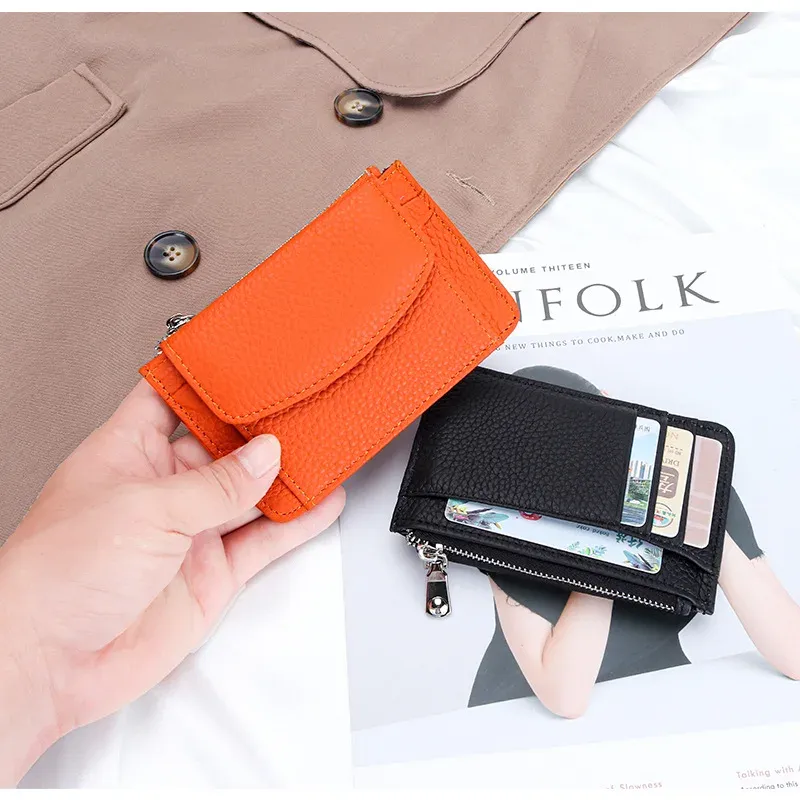 Holders Ultrathin Simple Style äkta läderkort Holder Fashion Mini Kort kuvert Kvinnor Wallet Korean Japan Kreditkortsfall Purse