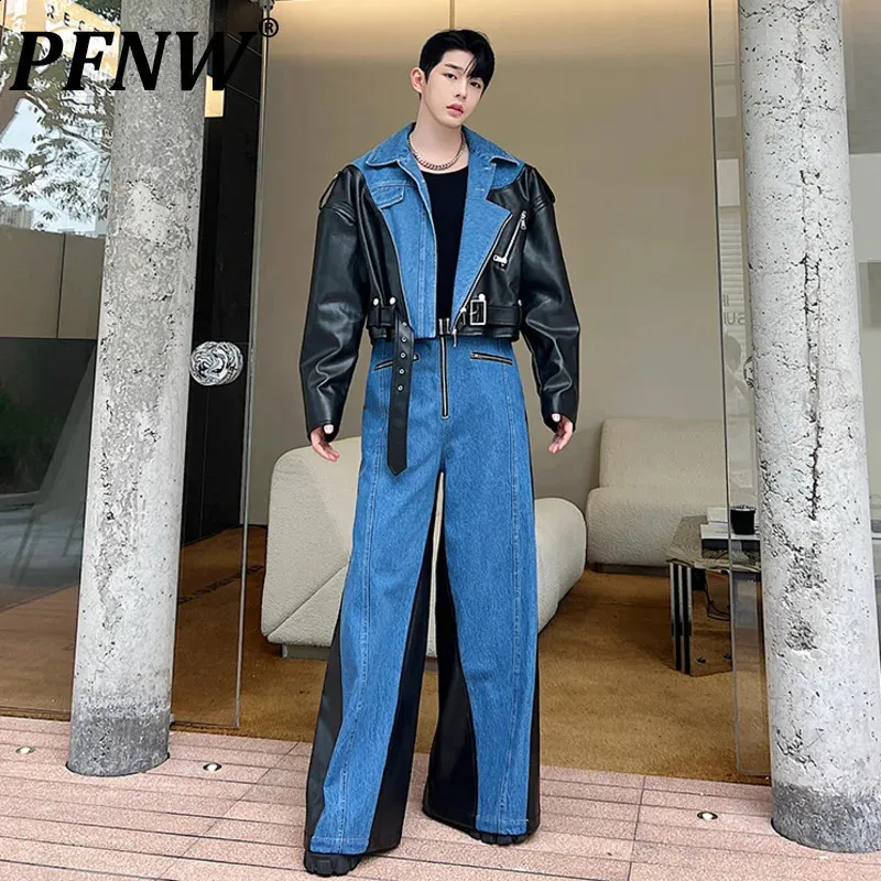 Denim Outfits With Leather Jackets Men Denim Jacket And Jeans Set Mens Two  Piece Spliced Workwear Outfit