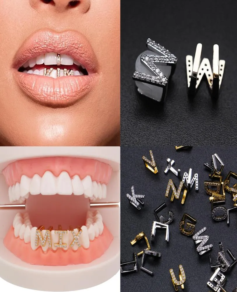Ouro de ouro branco gelado az letra personalizada Grillz dentes de diamante completo Diy Fang Grills Bottom Cap Hip Hop Dental dentes 4515491