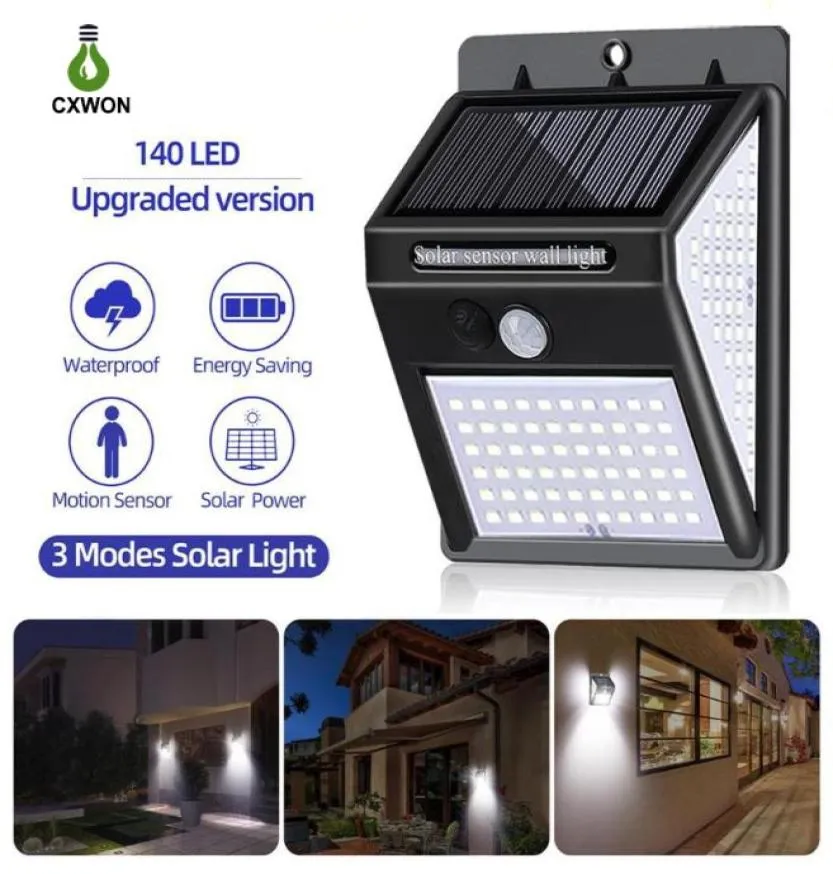 SOLAR LED Outdoor Lighting 140LEDS vidvinkel Bright Solar Wall Light 3 Modes Pathway Garden LED Solar Security Lights Motion Sens6067779