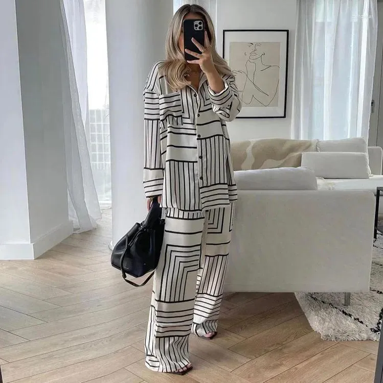 Women's Two Piece Pants 2024 Women Satin Drape Print Long Sleeve Lapel Shirt Temperament Commuting Black And White Stripe Casual 2 Set