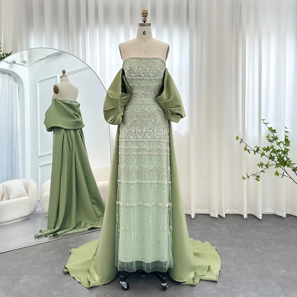 Sharon a déclaré que le luxe Dubai Sage Green Robes de soirée avec Cape 2024 Arabe Blue Sky Lilac Femmes Elegant Femmes de mariage Robes SS238 240403