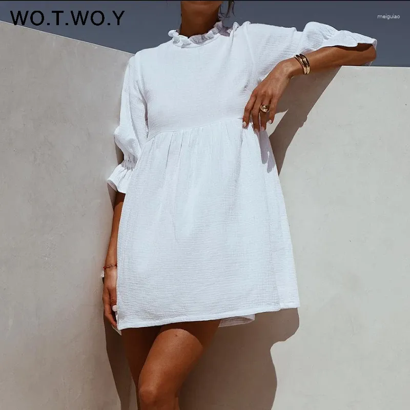 Casual jurken wotwoy zomer ruches losse t -shirt jurk vrouwen lantaarn mouwen witte katoen mini vestidos bohemios 2024