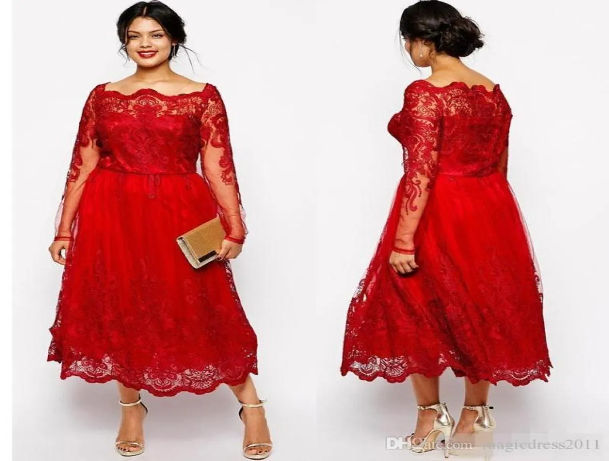 New Stunning Red Plus Size Evening Dresses Sleeves Square Neckline Lace Appliqued ALine Prom Gowns Tulle TeaLength Formal Dress5952824