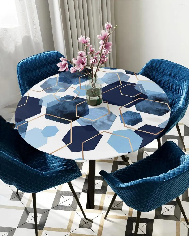 Table Cloth Blue Gold Geometric Texture Round Tablecloth Elastic Cover Indoor Outdoor Waterproof Dining Decoration Accessorie