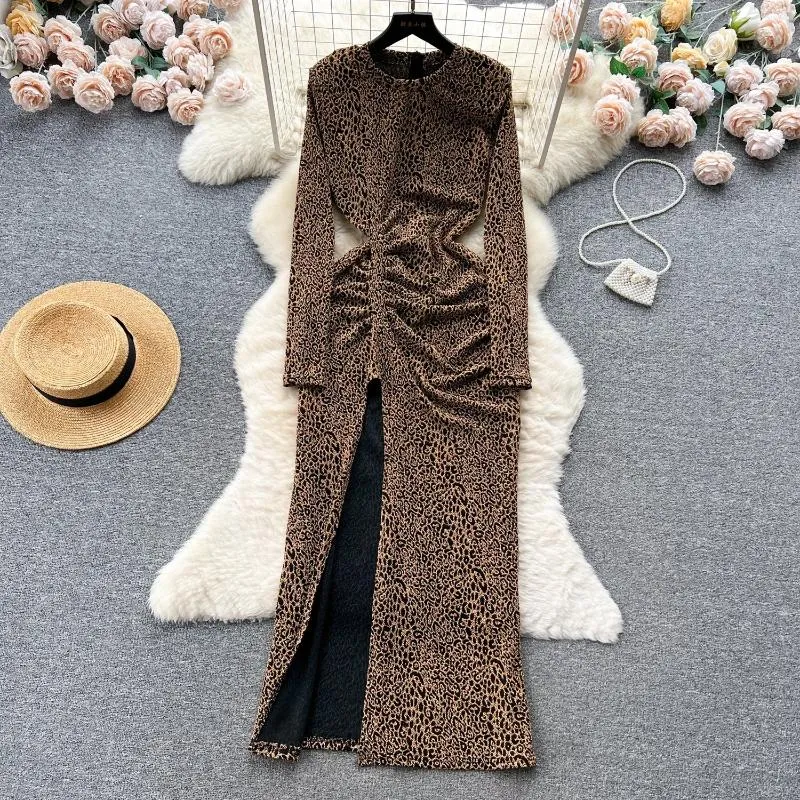 Casual Dresses Sexy O-neck Knit Dress Chic Folds Print Slit Vintage Fashion Party Sundress Women Elegant Slim Wrap Pencil