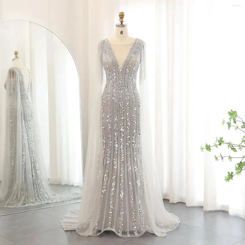 Plus Size Mermaid Silver Gray Evening Dress with Cape Sleeves Floor-Length  Flutter Sleeve Wedding Guest Gown SZ159 from Dhgate Urban Sexy Dresses -  price 415.42