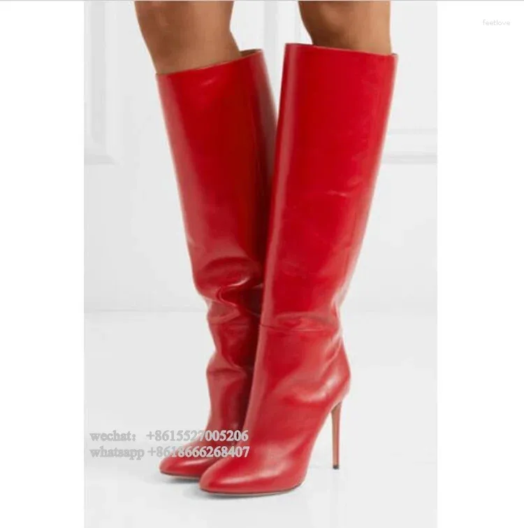 Stiefel modische rote Lederspitze Zeh Dünne High Heel Frauen Winter Knie Plus Size 43