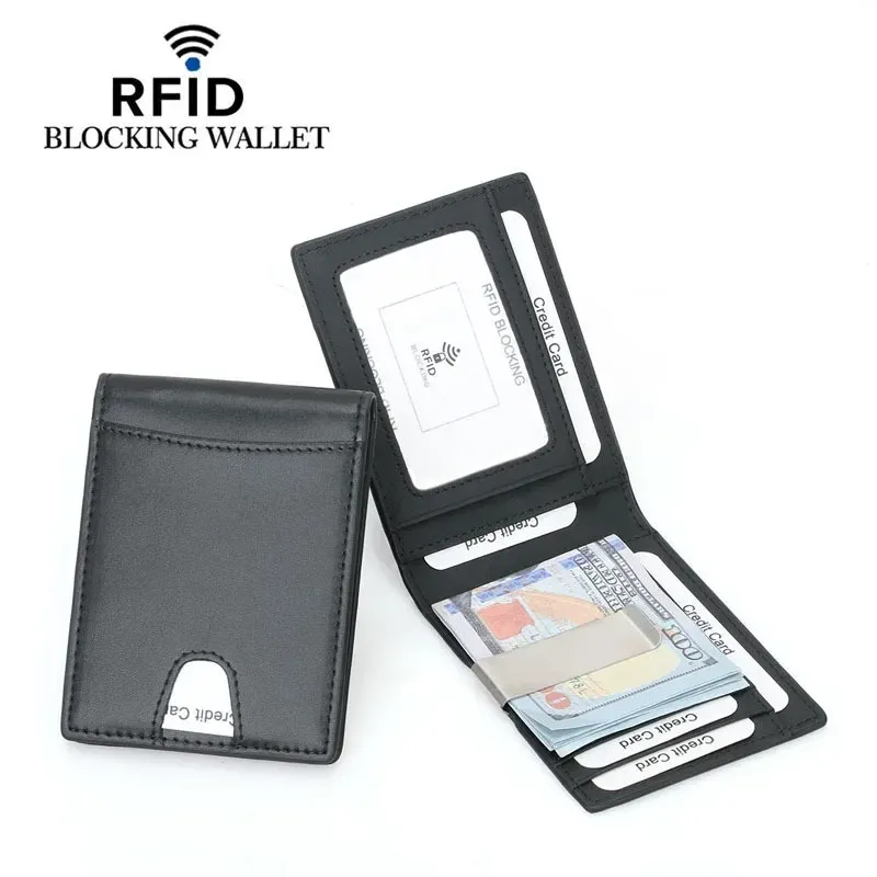 Plånböcker RFID Blockerar smal äkta läderplånbok med ett klipp Men ID Kreditkortshållare Front Pocket Bifold Man Metal Clamp för pengar