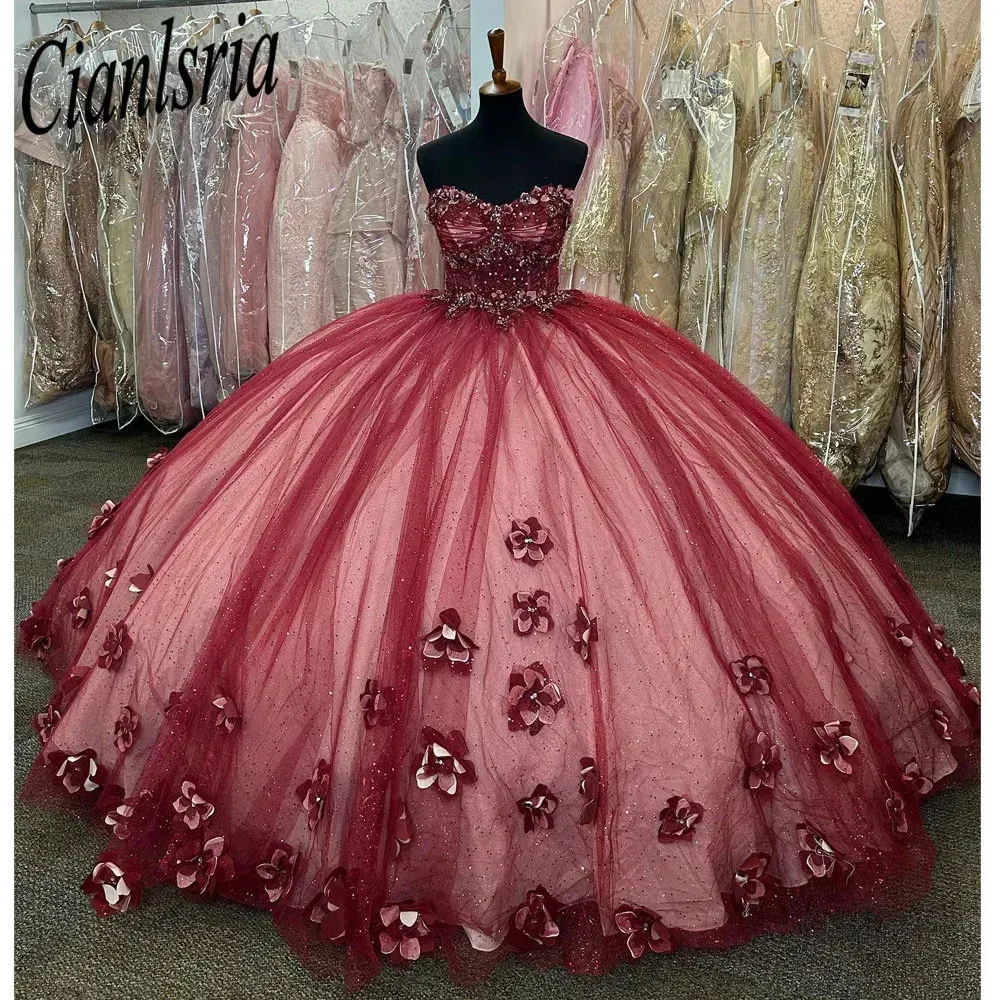 Burgundy Quinceanera Dresses Appliques Long Train Flower Sweet 15 16 Years Birthday Party Prom Dress Pageant Miss Gala