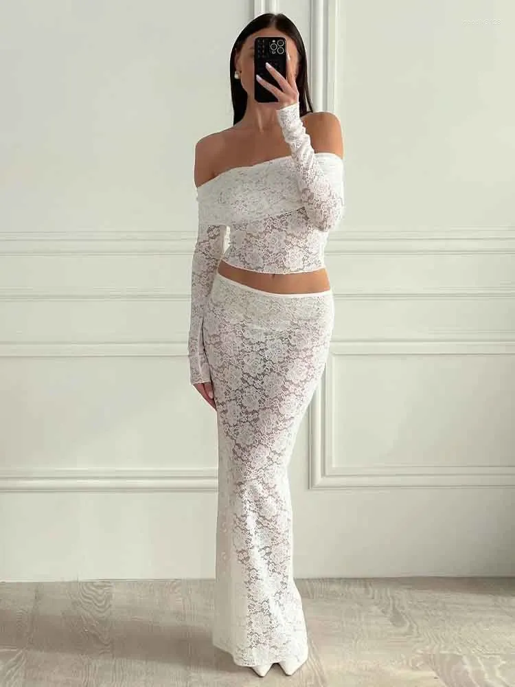 Work Dresses NIDANSSI White Lace Hollow Out Sexy Two Piece Set Strapless Casual Holiday Top Long Skirt Women Elegant 2