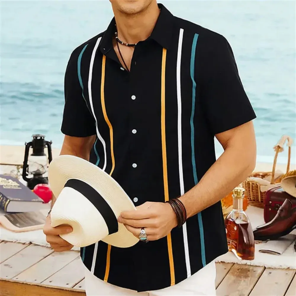 2024 Hawaiian Stripe Fashion Men Shirt Casual Retro Retro Floral Polo Cône Social plage Social Office 3D Print Street Wear Summer 240418