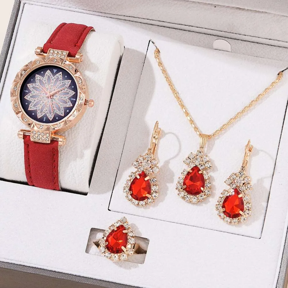 Горячая продажа женского элегантного и креативного подарочного набора с алмазными инкрустационными часовыми аксессуарами 4pcs/Set Gift Box Watch Masday Designer L 7670