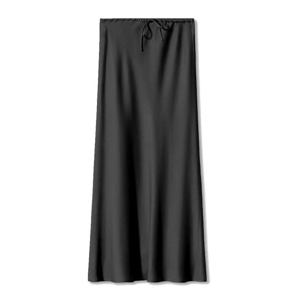 High Quality 2024 Satin Long With Waist Drawstring Tie Up Solid Color Skirt For Women's Clothing