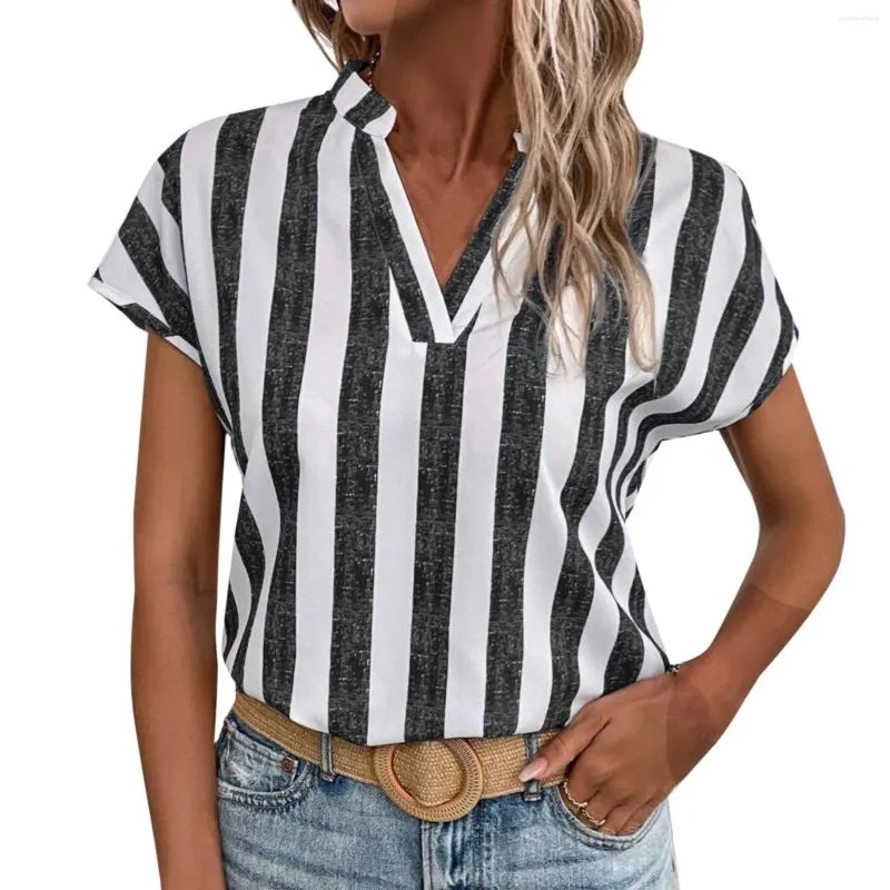 Kvinnors blusar Summer Fashion Tops Short Sleeved V Neck Vertical Stripes tryckt skjorta Formella skjortor för kvinnor