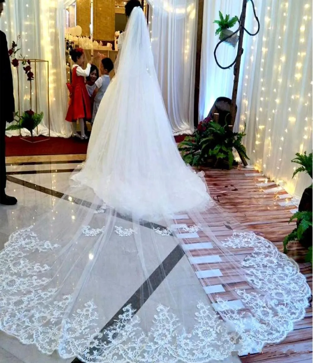 One Layer Long Cathedral Wedding Veils Lace Applique Soft Tulle Bridal Veil Bridal Accessories With Comb2921903