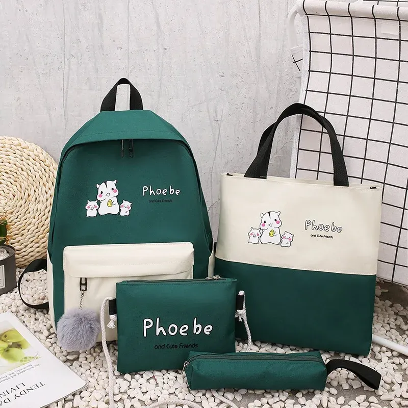 Bags 4Pieces One Set Canvas Backpack Shoulderbag Pencil Bag For Gilrs Student Schoolbag Cute Cartoon Printing Bookbag Pink Green Cat