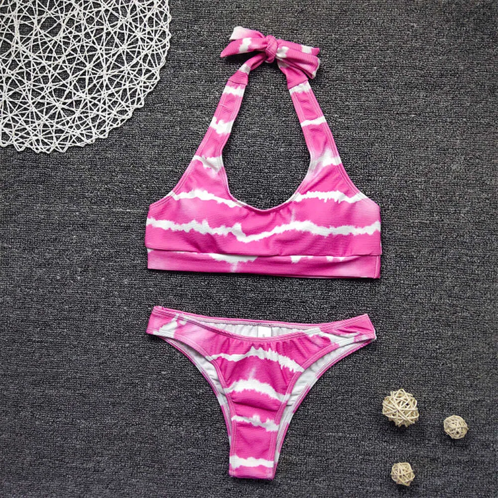 Nowy kolorowy halo barwiony gradientem gwintowanego tkaniny bikini damski strój kąpielowy