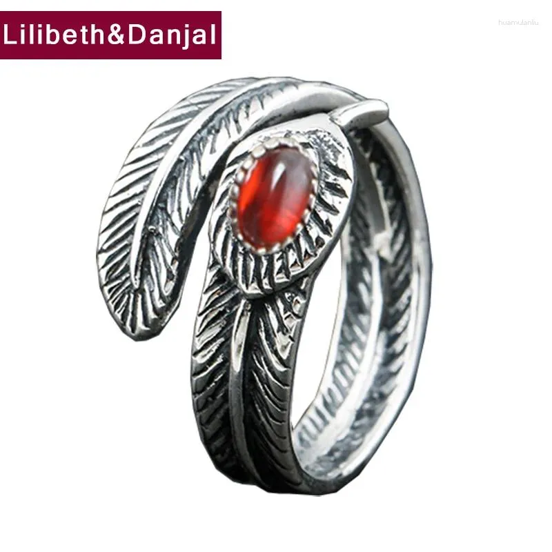 Anneaux de cluster Anneau d'ouverture de doigt réglable en plumes Real 925 Silver en argent sterling incrusté Garnet Vintage Fine bijoux Femmes Men 2024 Designer R20