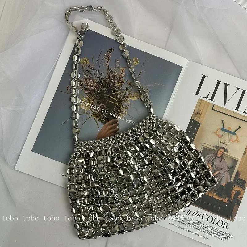 Hobos SHINE New Handmade Silver Gold Flat Evening Handbags Woven Beads Large Dumpling Shiny Party Shoulder Evening Clutch Bag