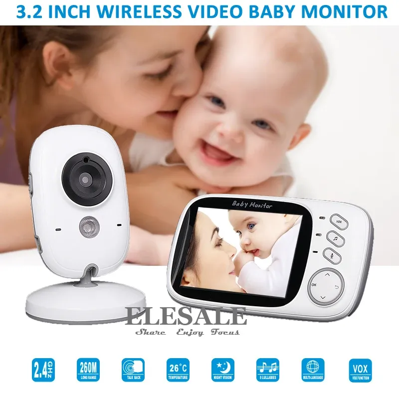 Überwacht neu 3,2 "Video -Monitor -Babypo -Monitor -Kabellosekamera 2 Wege Audio Intercom Nachtsicht Temperatur Monitor Musik für die Babypflege