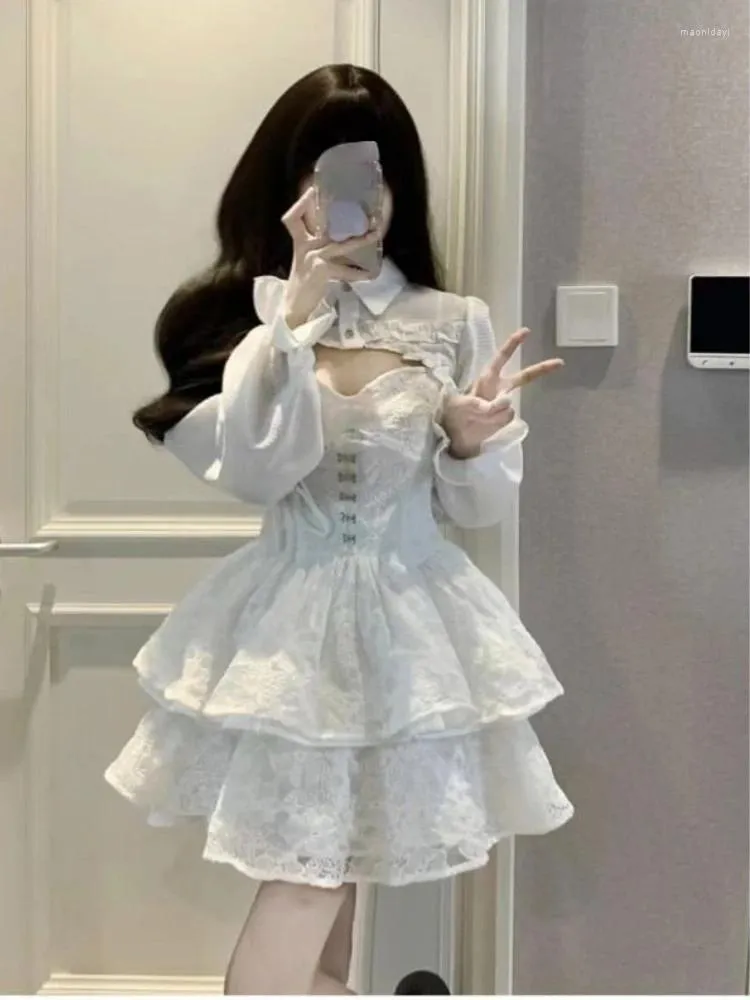 Two Piece Lace Straps White Ruffle Mini Dress Two Piece Lace Straps White Ruffle Mini Dress