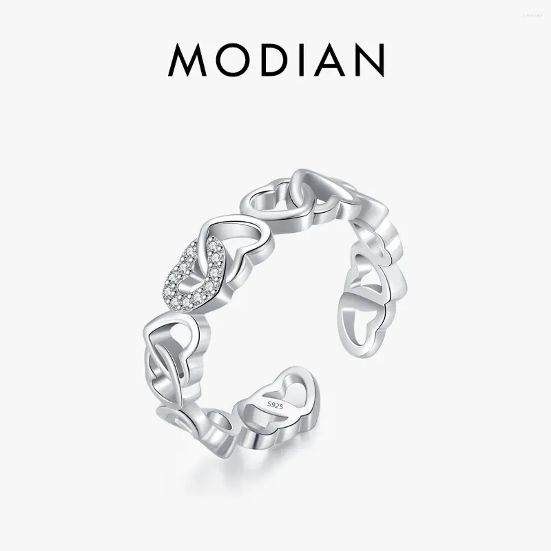 Cluster Rings Modian 925 Sterling Silver Sparkling Clear Zircon Free Size Heart to Justerable Ring For Women Party Fine Jewelry