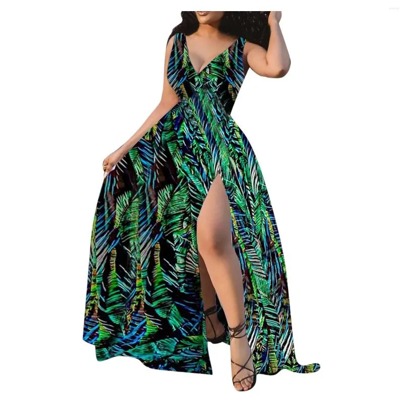 Sukienki swobodne vestidos Summer bohemian damskie sukienki seksowne v szyi bez rękawów kropki liść druk sundress panie eleganckie wakacyjne plażę Maxi