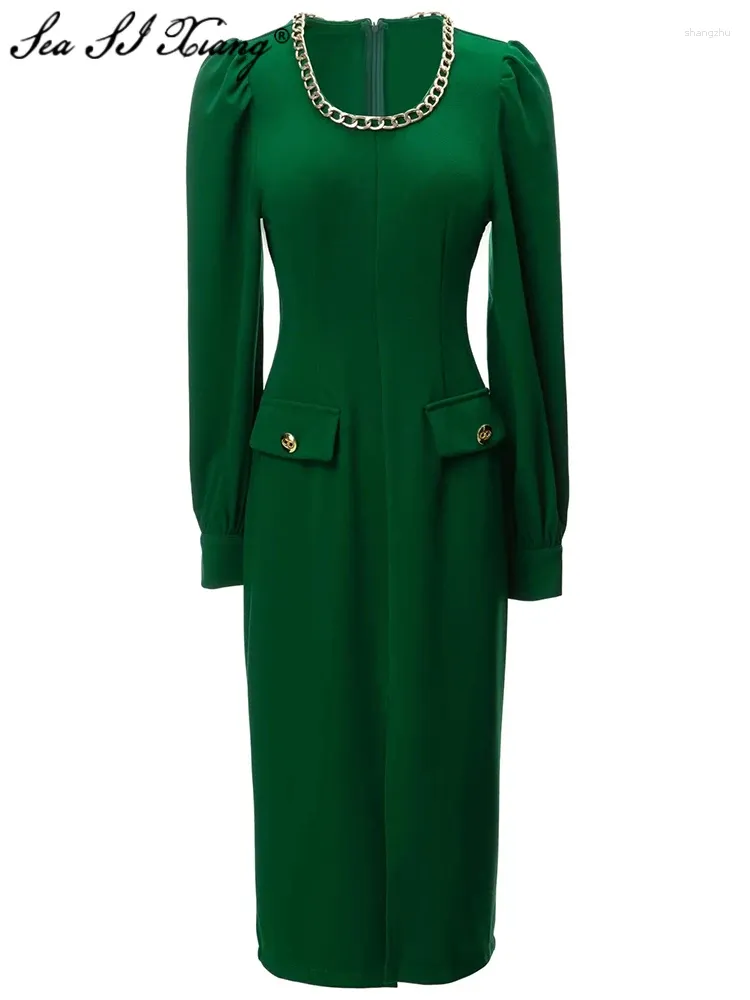 Sıradan elbiseler denizxiang moda tasarımcısı sonbahar kalem elbise kadın zinciri o boyun boyunlu kılıf cepleri ofis bayan yarık