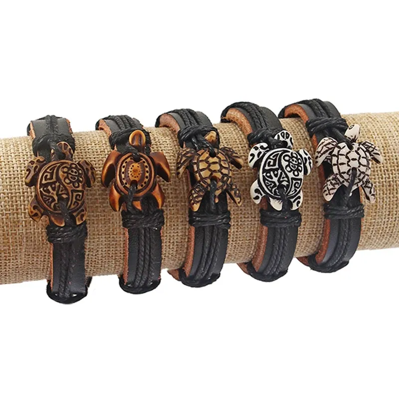 Strands 10pcs Mens Mix White/brown Tribal Sea Surfer Charm Turtle Leather Bracelet