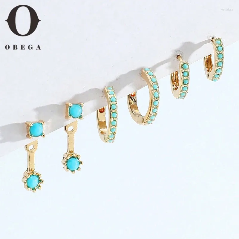 Hoop Earrings Obega 3 Pairs Turquoise Mini Set Gold Color Design Cute Luxury Jewelry Gift Black Stones