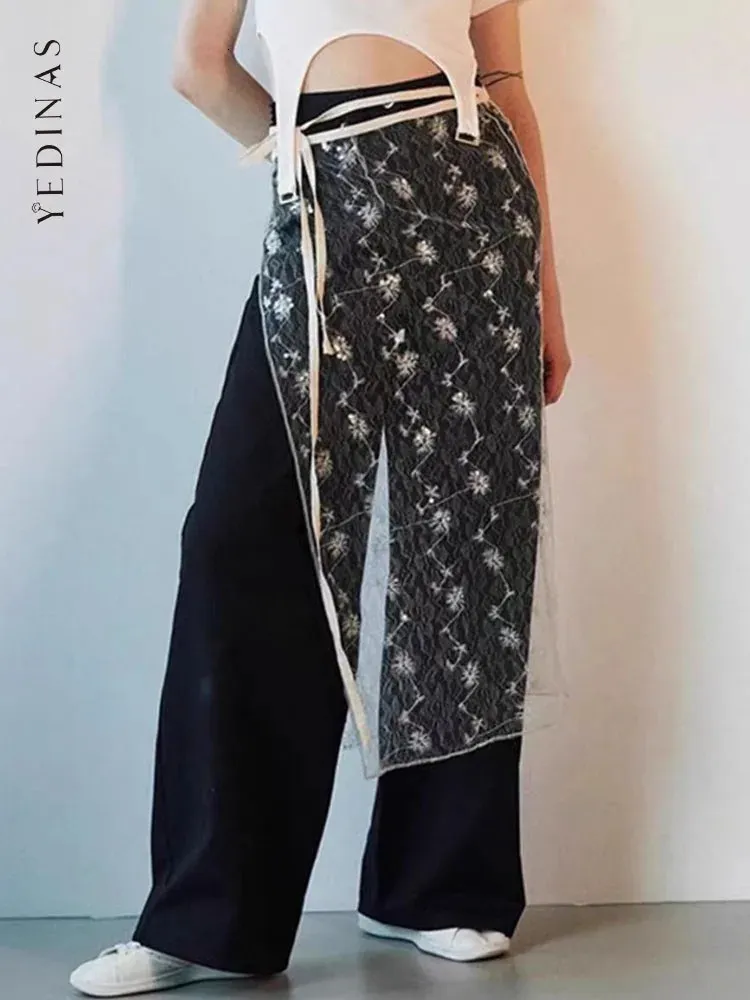 Yedinas Streetwear Sheer See Through Rok Women Lace Up Thin Lace Collocation Koreaanse mode bloemen dames rokken chic 240421