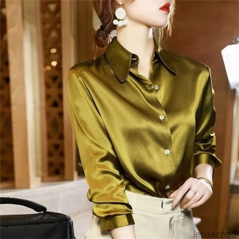 Camicia da donna di lusso di qualità del marchio Elegante ufficio abbottonate magliette a maniche lunghe Momi Silk Crepe Satin Bluse Business Ladies Top 220225