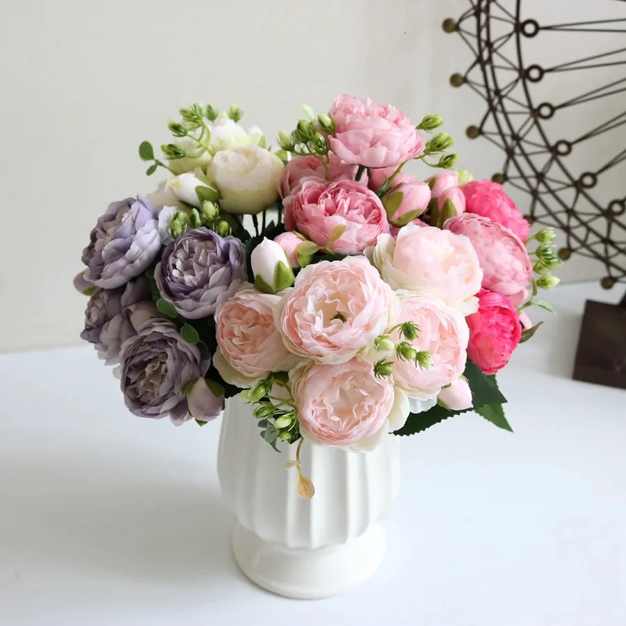 Konstgjorda blommor Peony Bouquet Silk Rose Vase For Home Decor Garden Wedding Decorative Fake Plants Christmas Garland Material 240411
