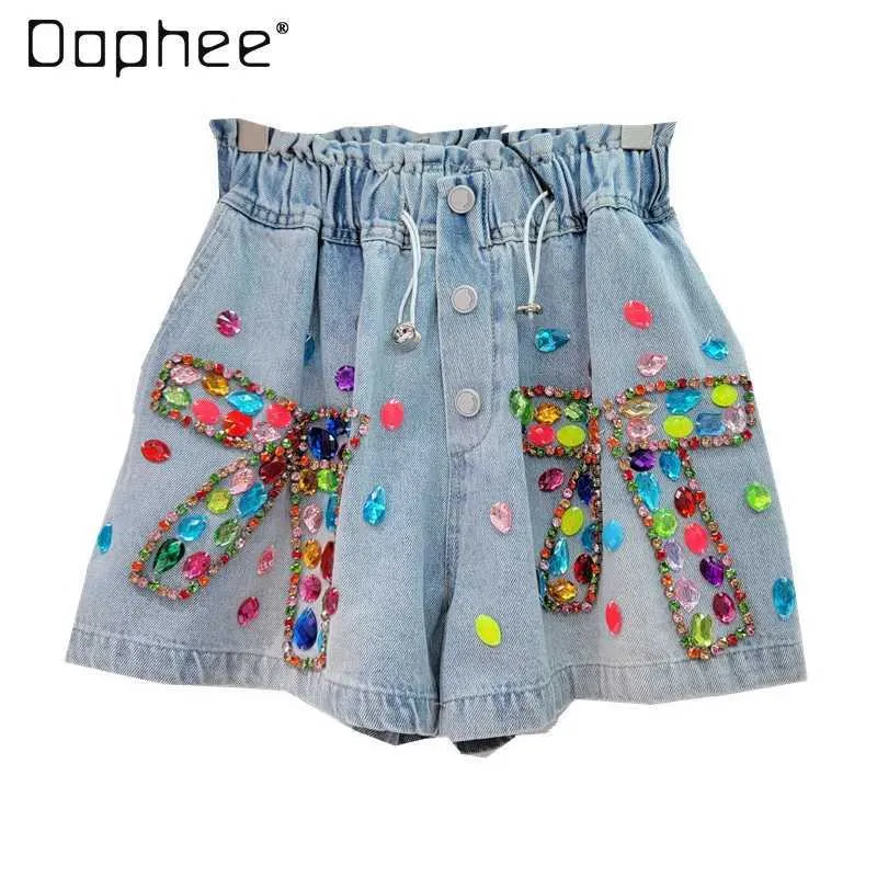 Women's Shorts 2024 Summer European Goods New Heavy Industry Bow Inlaid Color Diamond Beaded High Waist Slimming Wide-Leg Denim Shorts Women Y240420