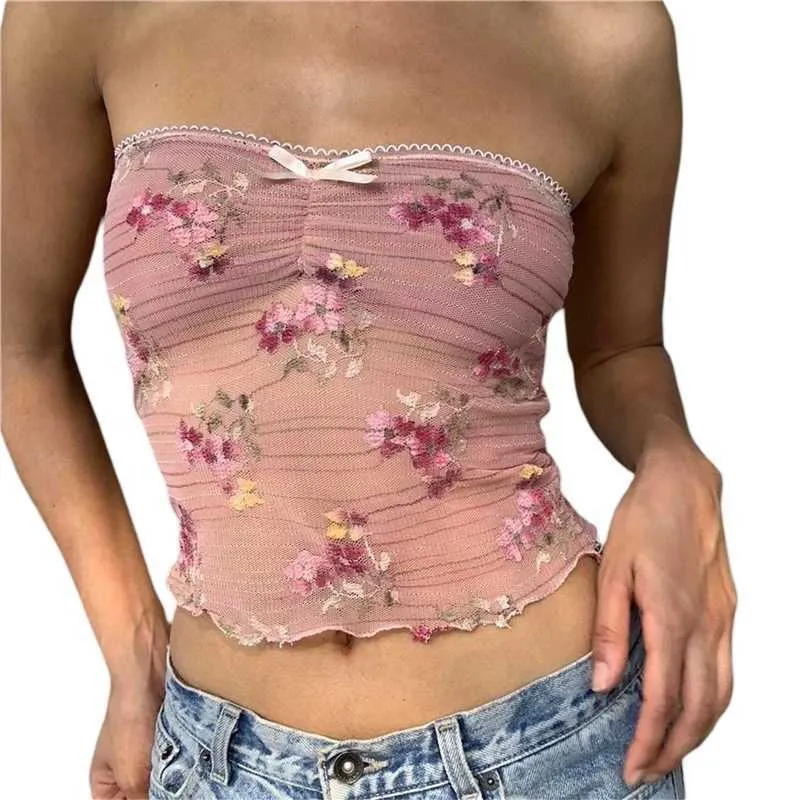 Women's Tanks Camis Xingqing Lace Trim Tube Top y2k 2000s Aesthetic Women Flower Embroidery Strapless Slveless Backless Bandeau Tanks with Bow Y240420