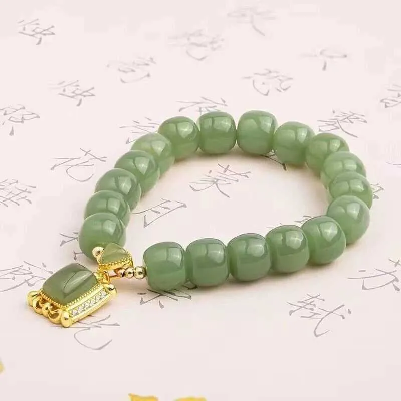 Chain Chinese Style Retro Imitation Jade Beaded Bracelet Square Rhinestone Pendant Bangle For Women Light Luxury Jewelry Gift Y240420