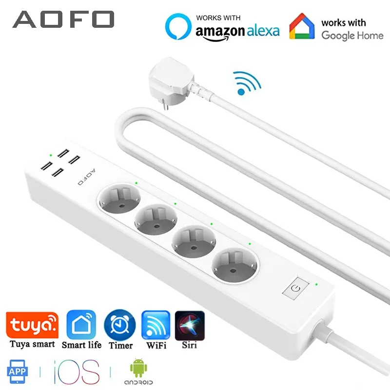 Control Wifi Smart Power Strip 4 Eu Outlets Plug with 4 Usbcharging Port Timing App Voice Control Work with Alexa Google Home Assistant