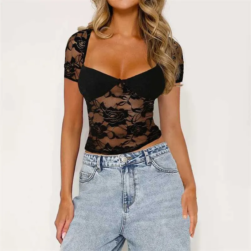 Women's Tanks Camis Xingqing Lace Crop Top y2k Clothes Women Shr S Through Swtheart Neck Short Slve Tshirt 2000s Aesthetic Clothing Clubwear Y240420