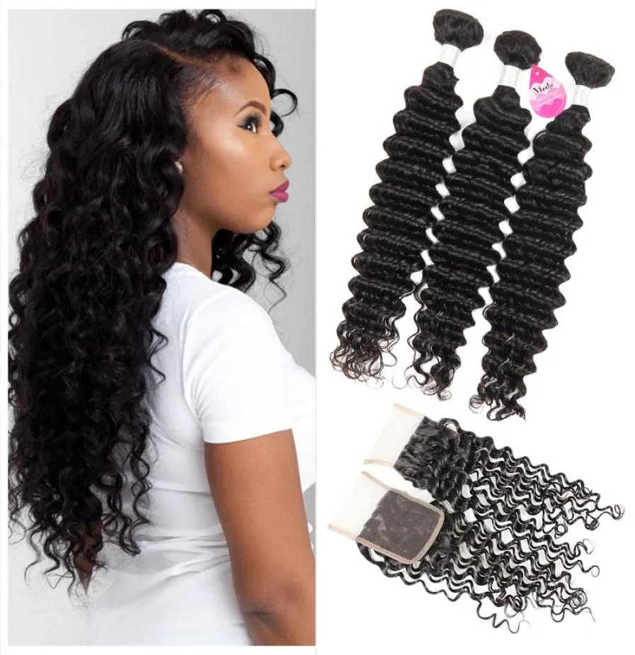 Brasileño Bundles de ondas profundas con cierre 10a Cabello virgen brasileño Weave húmedo y ondulado Cabello humano con cierre de encaje Middle 3 P7066389