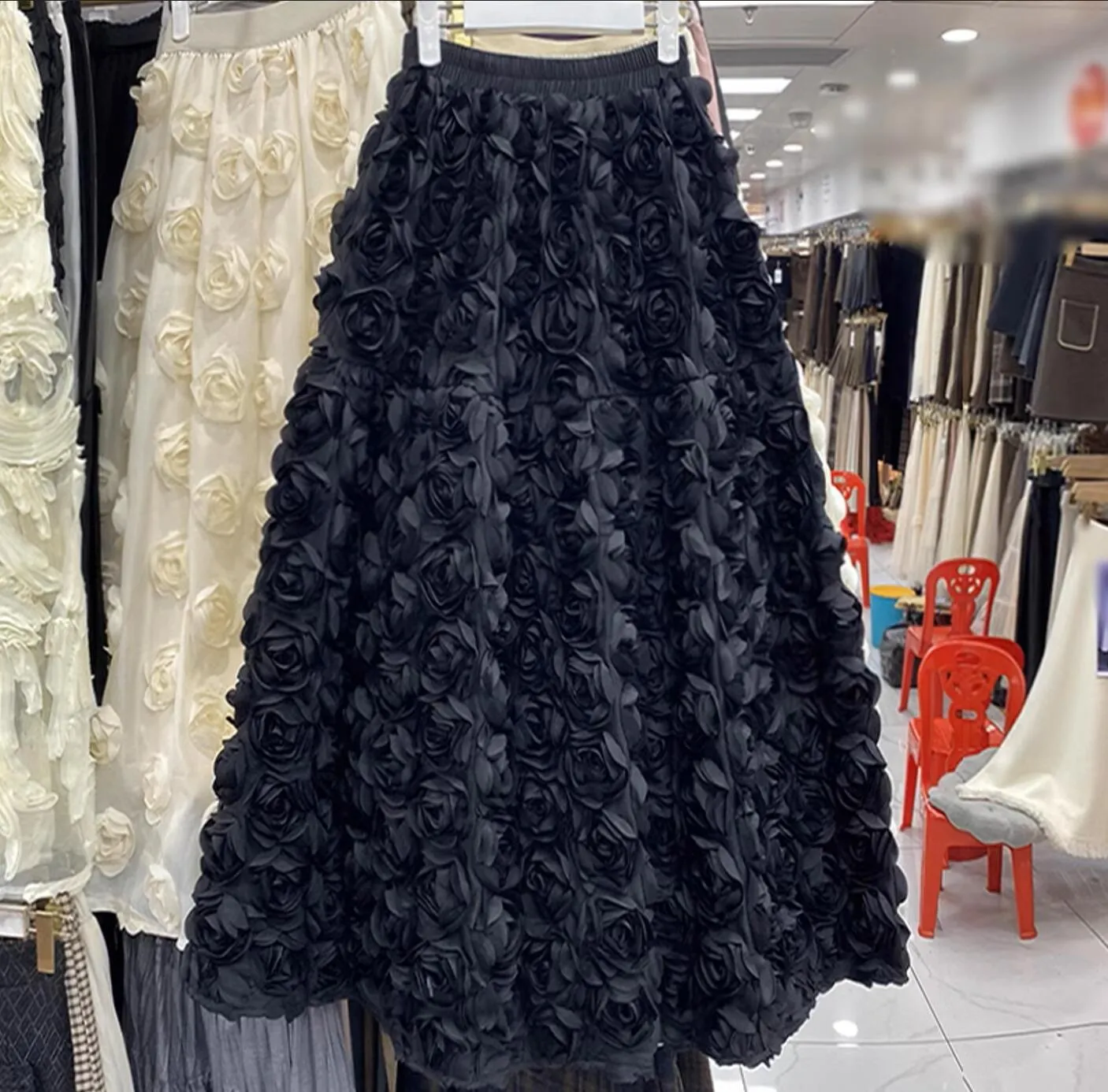 Nouvelle robe de balle de luxe haute taille élastique 3D Rose de la jupe de dessinges Black Black 2 couleurs.