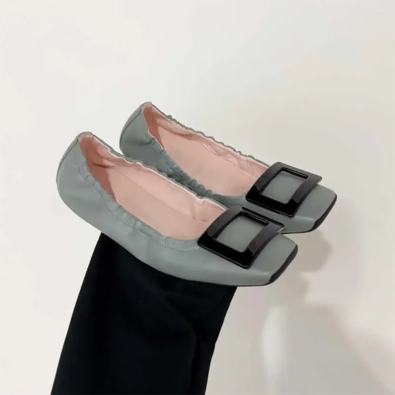 Casual Shoes Summer Flats Fashion Square Toe Women Concise Metal Decor äkta läder Sapato Feminino Storlek 35-40