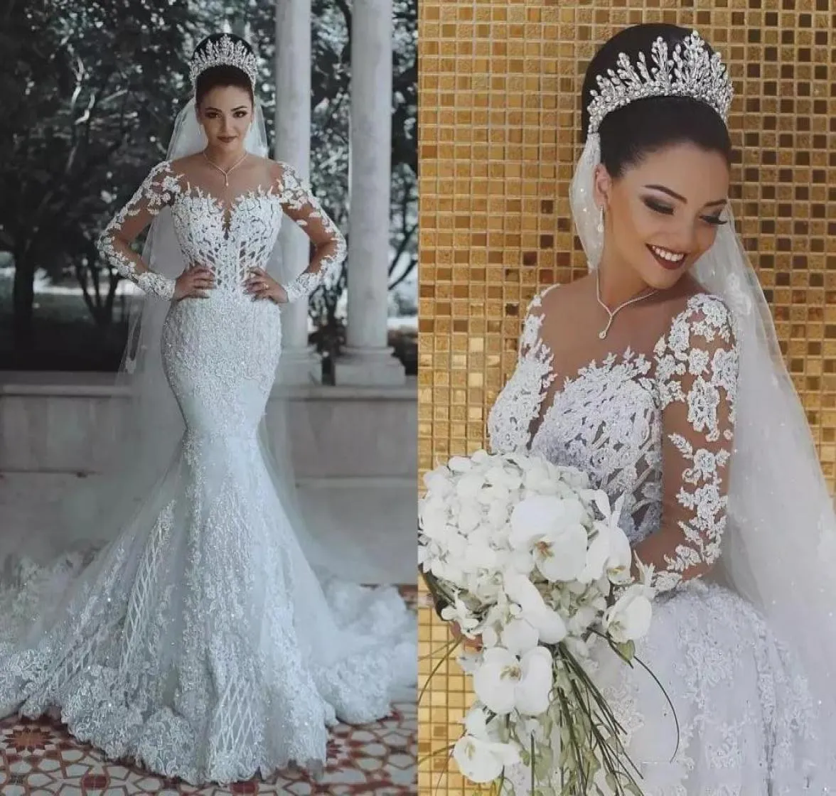 2019 Luxury Mermaid Wedding Dresses Sheer Neck Beaded Crystal Laceアップリケアラビア長袖オーバースカートプラスサイズのフォーマルBRIDA5562979