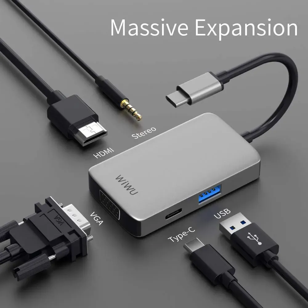 Hubs Wiwu 5 in 1 USB HUB MULTI PORTS VGA ADAPTER for MacBook Pro Pro Type C Hub 3.5mmオーディオUSBスプリッターSamsung Huawei USB Hub用