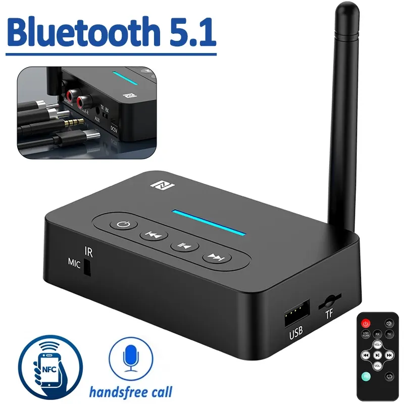 Adapter Bluetooth -mottagare sändare 5.1 STEREO NFC AUX 3,5 mm Jack RCA Handsfree Call Mic Wireless Music Audio Adapter TF/USB för TV