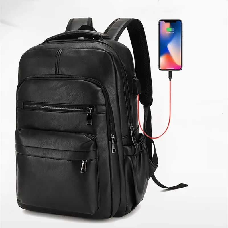 Plecaki Wysokiej jakości plecak ładujący USB Mężczyźni Pu skórzane dagę duże laptopy plecaki męskie mochilas szkolne dla nastolatków chłopcy