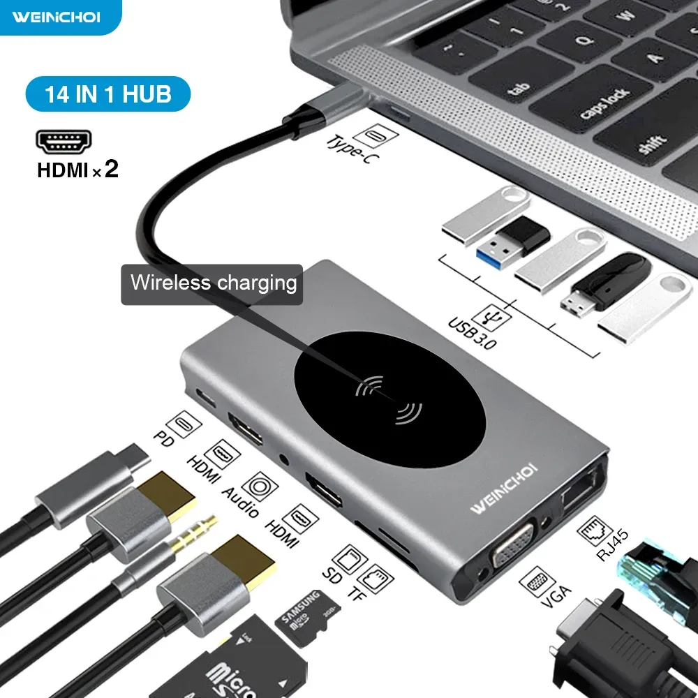 Stands Docking Station USB Type C Hub till HDMicompatible Adapter OTG VGA RJ45 LAN MULTI USB PD 3.0 USBC för Book Pro Air 4KSplitter