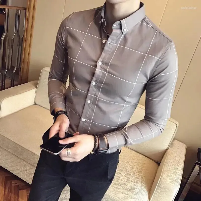メンズドレスシャツシャツ格子縞の筋肉男性チェック長袖オリジナルトップセールブランドスリムフィット付きソーシャルシングス