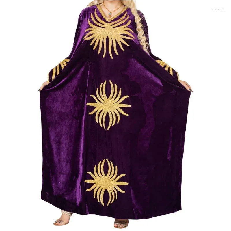 Ethnic Clothing Purple Velvet Fabric Morocco Dubai Long Shirt Abaya Embroidery Work Dress Fashion Trend