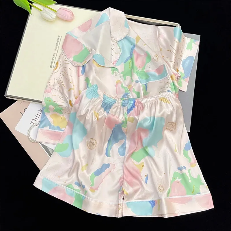 Summer Ladies Sweet Satin Silk Floral Printed Pyjamas Set Short Sleevepants Women Ice Sweet Homewear Casual Wear 240410